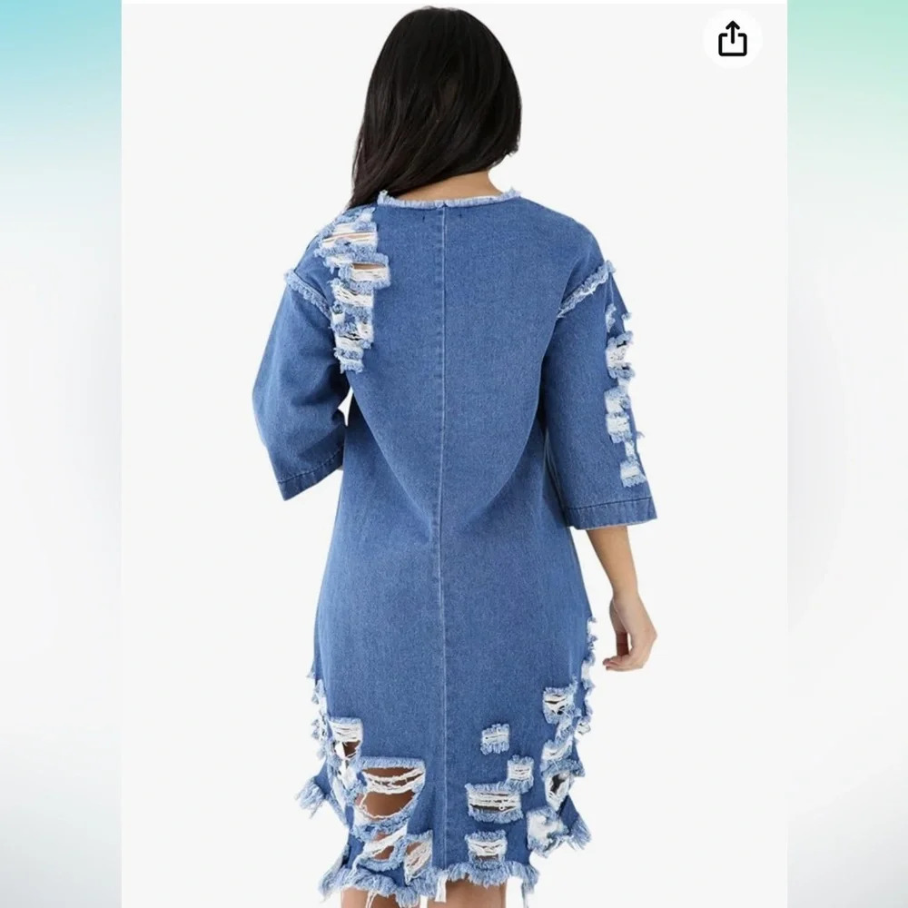 Vibrant MIU Distressed Denim 3/4‎ Sleeve High Low Dress. Size Small. NWT.